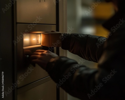 Person retrieving a small package from a secure self-service delivery locker at night. photo