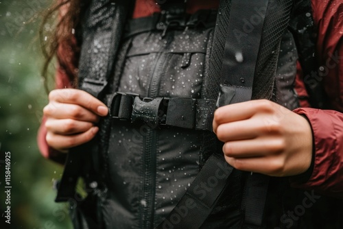 Close-up of woman adjusting backpack straps in rain.
