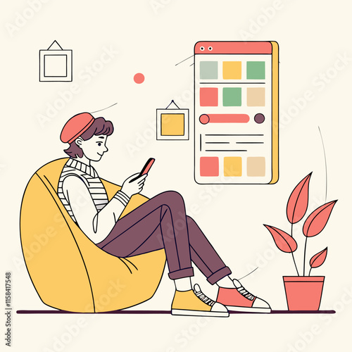 a women sitting in a living room and using phone in background illustration of an app interface