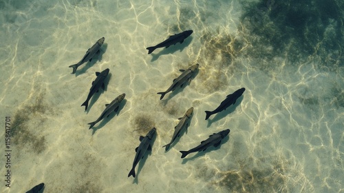 Aerial view of a school of fish swimming in shallow, clear water over a sandy seabed. photo