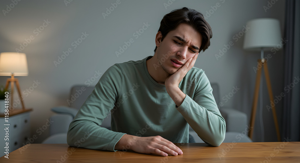 A young man sitting at a table, holding his jaw in discomfort, possibly in pain. A young man sitting at a table, holding his jaw in discomfort, possibly in pain.