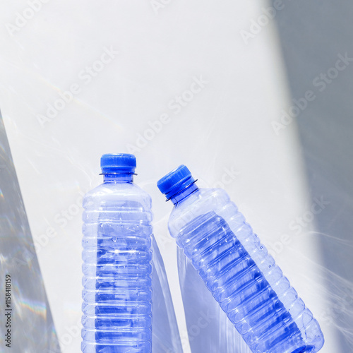 Blue plastic water bottles on white blue background with sunlight shadow and sun flare, Minimal top view photo, themes of ecology, recycling, sustainable living, reduce disposable plastics photo