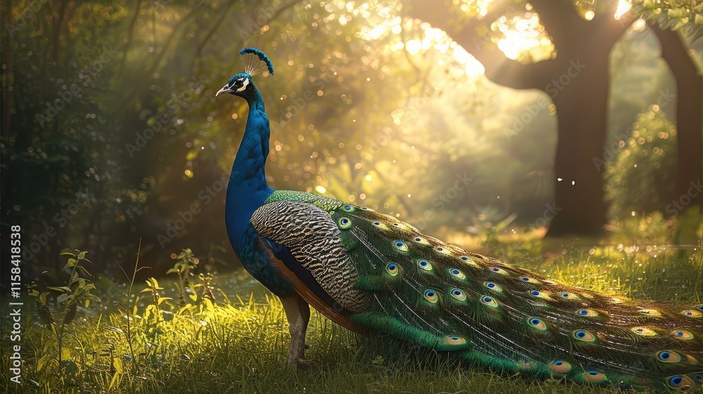 Obraz premium A green peacock, elegant peacock, lush grassland, verdant trees, feathers shimmering in the sunlight.