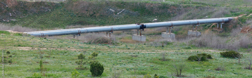 A long pipe is seen in the grassy field A long pipe is seen in the grassy field