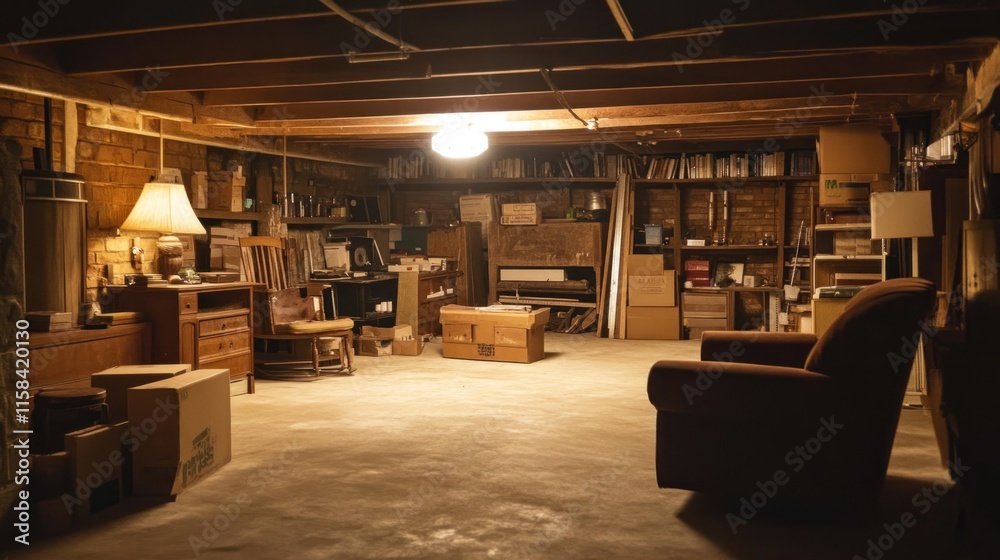 Dark basement with furniture, boxes, and shelves.
