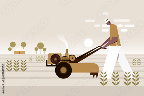 Illustration of an Indian farmer ploughing the field with a power tiller