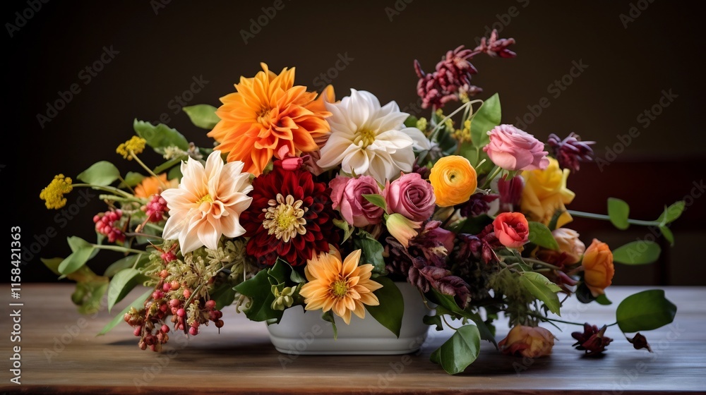 Obraz premium Beautifully arranged table centerpiece featuring an elegant display of various colorful flowers and lush green leaves creating a captivating and natural focal point for any interior space