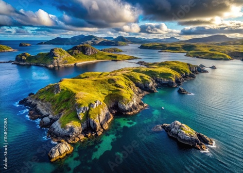 Stunning aerial drone shot of Eilean a' Ghamhna, Eddrachillis Bay, Scotland.  Island's top-down beauty revealed. photo