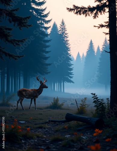 Majestic Red Deer Fawn in Misty Forest, Vaporwave Style, Ideal for Text Overlay, Woods and Twilight Glow for printing on a T-shirt