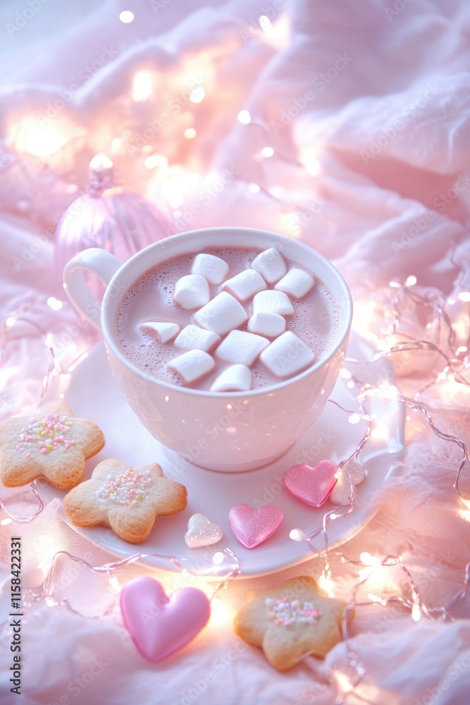 A pink cup of hot chocolate with marshmallows, surrounded by heart shaped cookies and fairy lights A pink cup of hot chocolate with marshmallows, surrounded by heart shaped cookies and fairy lights