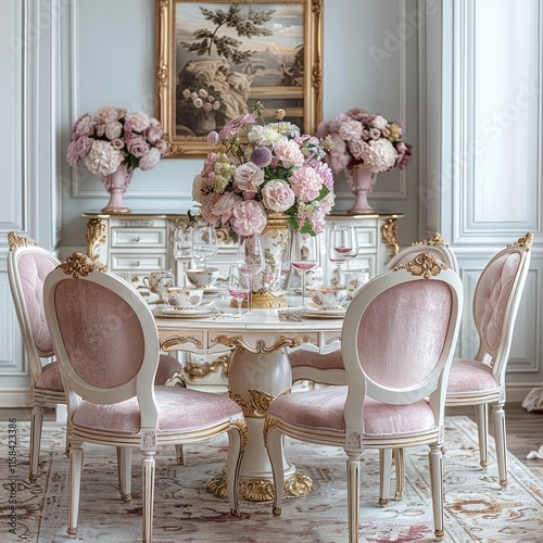 A French-style dining table with chairs, featuring pink and gold trim, On the table sits an opulent china set, and holds a vase filled with flowers. A designer cabinet stands against the backdrop. photo