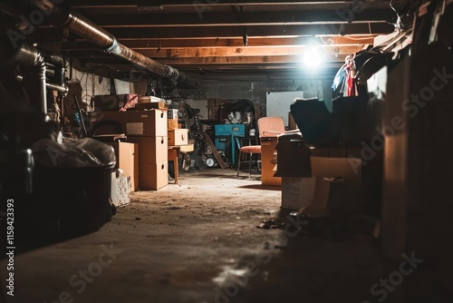 Dark, cluttered basement with boxes, furniture, and pipes. photo