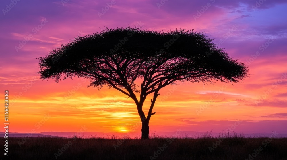 Silhouetted acacia tree at sunset in African savanna. Silhouetted acacia tree at sunset in African savanna.