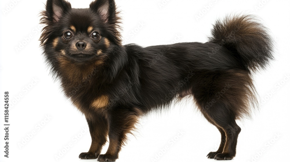 Obraz premium Playful black pomeranian dog indoor studio pet photography bright background close-up animal portrait