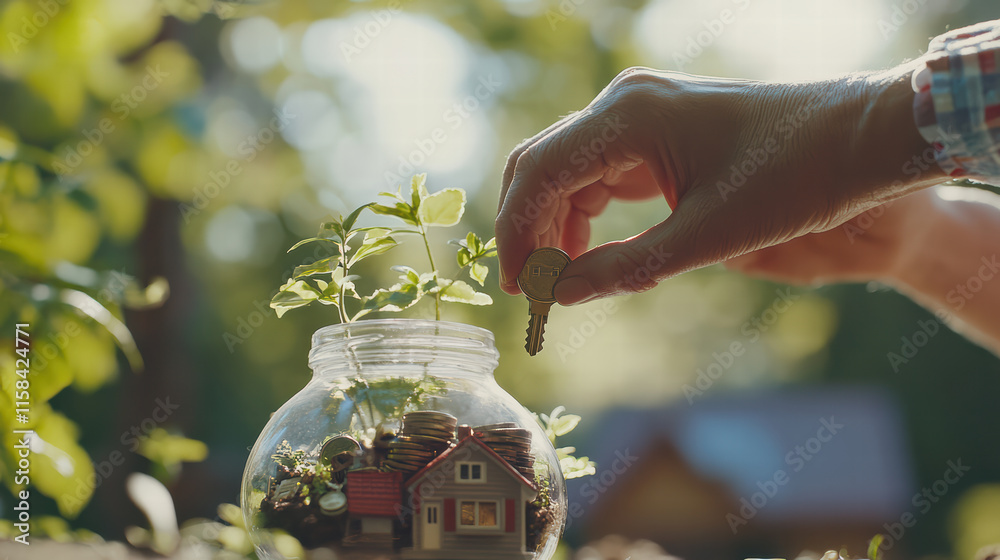 Obraz premium Investing in future home, hand places key into jar filled with coins and miniature house, symbolizing savings and growth in natural setting