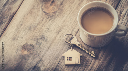 key and house shaped keychain beside cup of coffee on wooden table create cozy atmosphere. Perfect for homeownership or real estate themes