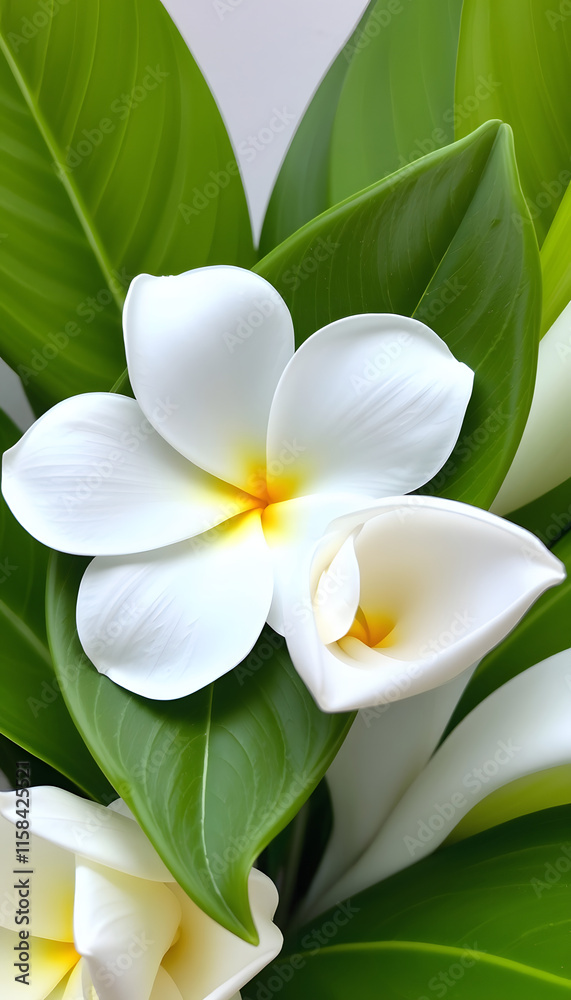 Obraz premium A beautiful arrangement featuring a white frangipani flower with a leaf and a white water lily, showcasing tropical beauty and nature's elegance, origami