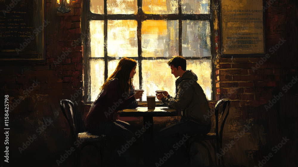 Couple's deep conversation in a cozy coffee shop digital artwork perspective
