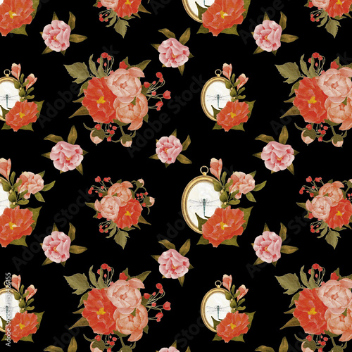 peony seamless pattern watercolor illustration on black