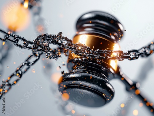 Legal Symbolism with Gavel Ensnared by Chains and Sparks in Dramatic Lighting photo