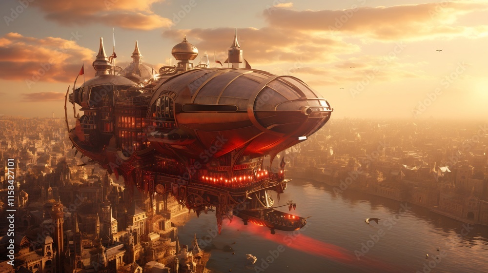 Captivating of a steampunk inspired airship majestically flying over a futuristic cityscape during the golden hour creating a dreamlike and visually striking scene Captivating of a steampunk inspired airship majestically flying over a futuristic cityscape during the golden hour creating a dreamlike and visually striking scene