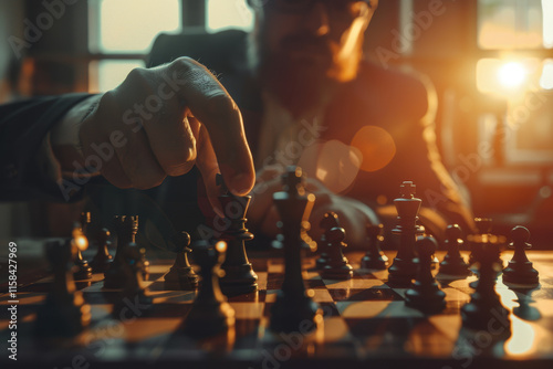 Businessman Strategically Moving a Chess Piece photo