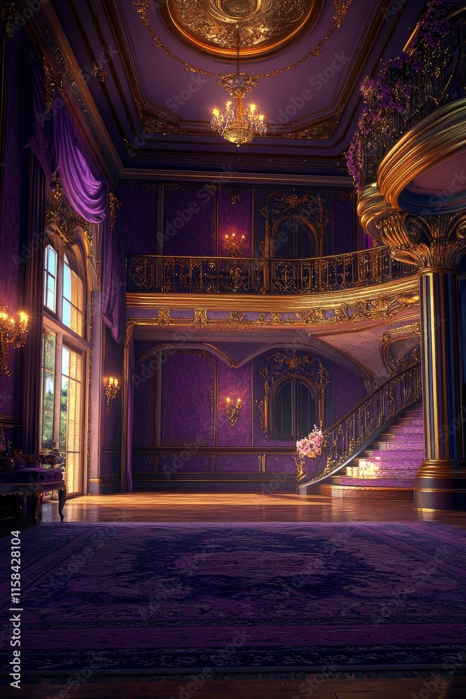 Obraz premium elegant hall room with purple wall and golden color intricate pattern design