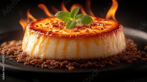 Flamb? cr?me br?l?e with caramel, mint. photo