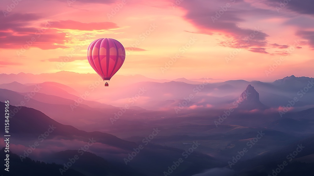 Fototapeta premium Soft dawn light casting a warm glow on a hot air balloon drifting high above the landscape