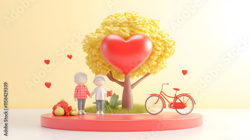 Wallpaper Mural Valentine-inspired scene featuring a heart-shaped tree at sunrise, couple walking hand in hand, vintage bicycle nearby, text-friendly design Torontodigital.ca