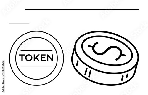Token labelled Token alongside a coin with a dollar sign, vertical and horizontal lines above. Ideal for finance, cryptocurrency, digital payments, tokens, blockchain, fintech, monetary transactions