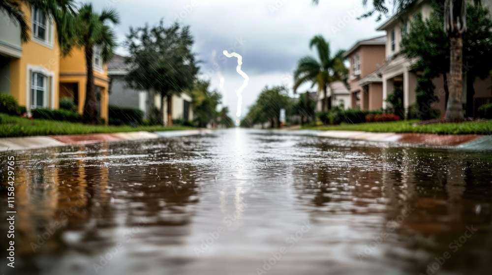 Florida hurricane idea. A dramatic view of a flooded street during a storm with lightning in the background. Florida hurricane idea. A dramatic view of a flooded street during a storm with lightning in the background.