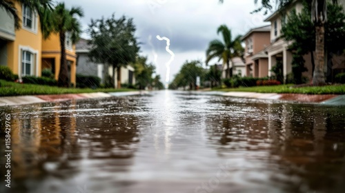Florida hurricane idea. A dramatic view of a flooded street during a storm with lightning in the background.