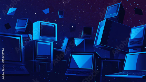 Laptop and Monitor. Computers themes in low-poly wireframe starry sky and cosmos style. Technology and devices concept. Abstract vector computerization theme in blue color. Devices polygonal theme photo