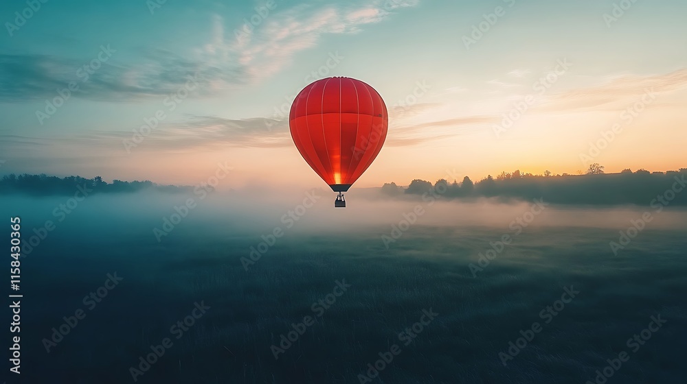 Fototapeta premium Hot air balloon hovering in soft dawn light over a vast open field