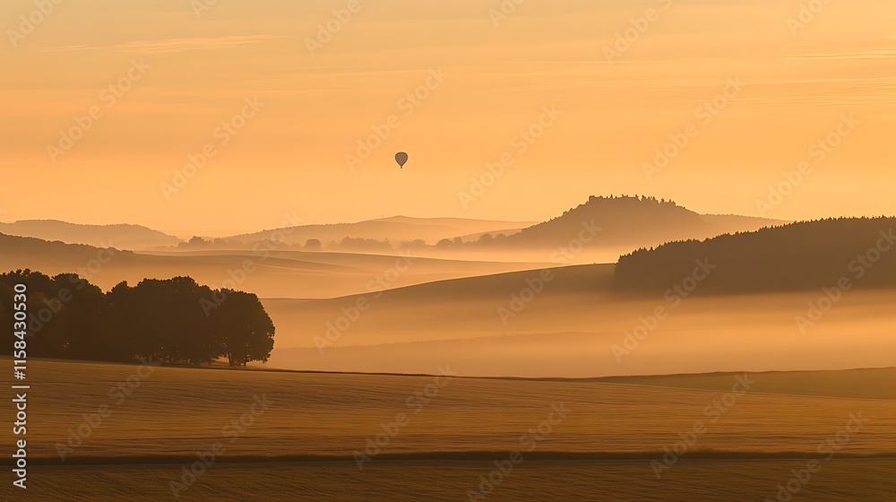 Obraz premium A lone hot air balloon rising through the golden soft light of dawn over a peaceful landscape