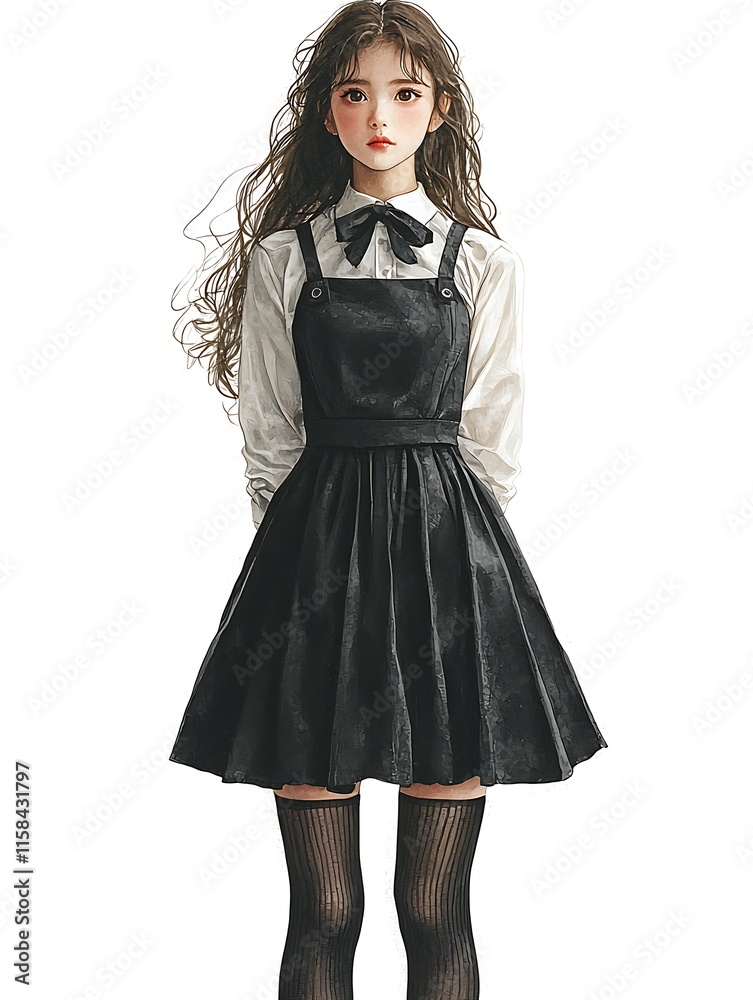 Anime-Style Illustration of a Girl in a Black Jumper Dress and White Blouse. Anime-Style Illustration of a Girl in a Black Jumper Dress and White Blouse.