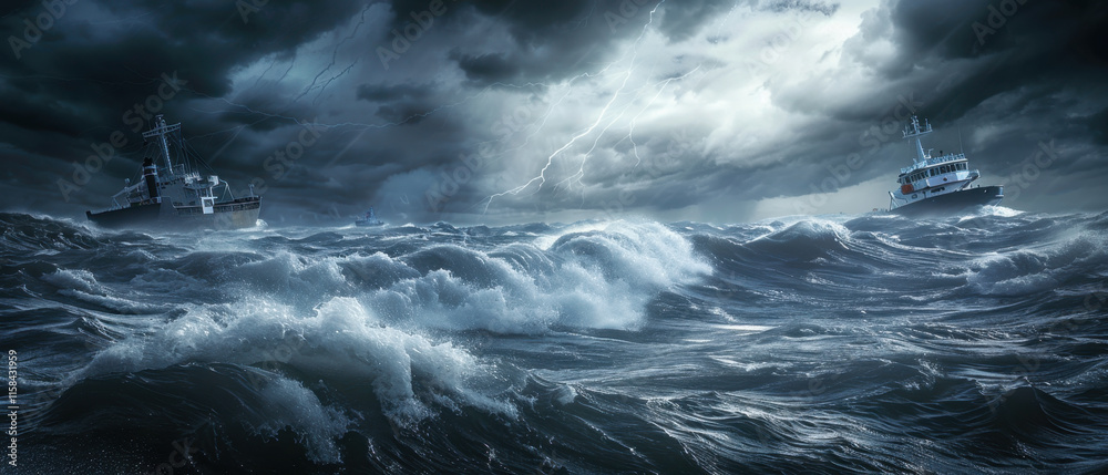 Fototapeta premium Cargo Ships Braving Stormy Seas at Dusk