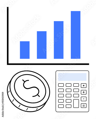 Bar graph indicating financial growth, coin with dollar sign, and calculator for financial calculations. Ideal for finance, investment, budget planning, accounting, business success, economic growth