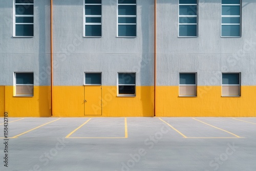 Wallpaper Mural Modern high-rise factory with a spacious, empty parking lot under a clear blue sky. Torontodigital.ca