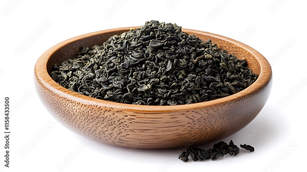 Green tea leaves in wooden bowl culinary arts studio setting Green tea leaves in wooden bowl culinary arts studio setting