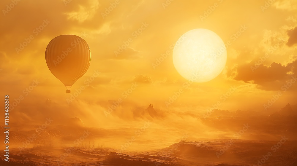 Hot air balloon rising into the soft golden light of dawn over a misty morning landscape Hot air balloon rising into the soft golden light of dawn over a misty morning landscape