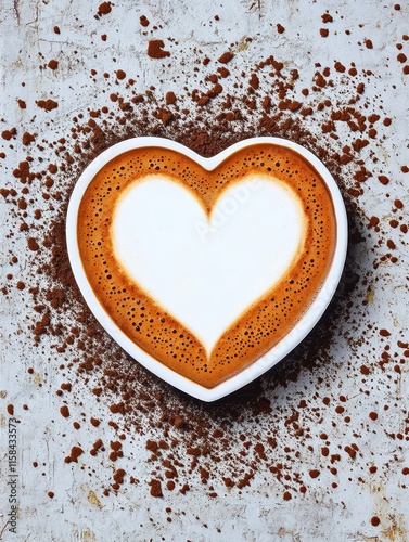 Heart-Shaped Coffee Art with Rich Foam and Cocoa Powder Decor