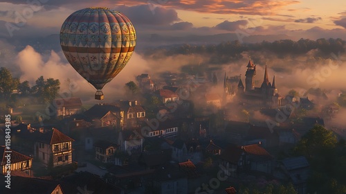Gentle dawn light caressing a colorful hot air balloon rising above a sleepy town