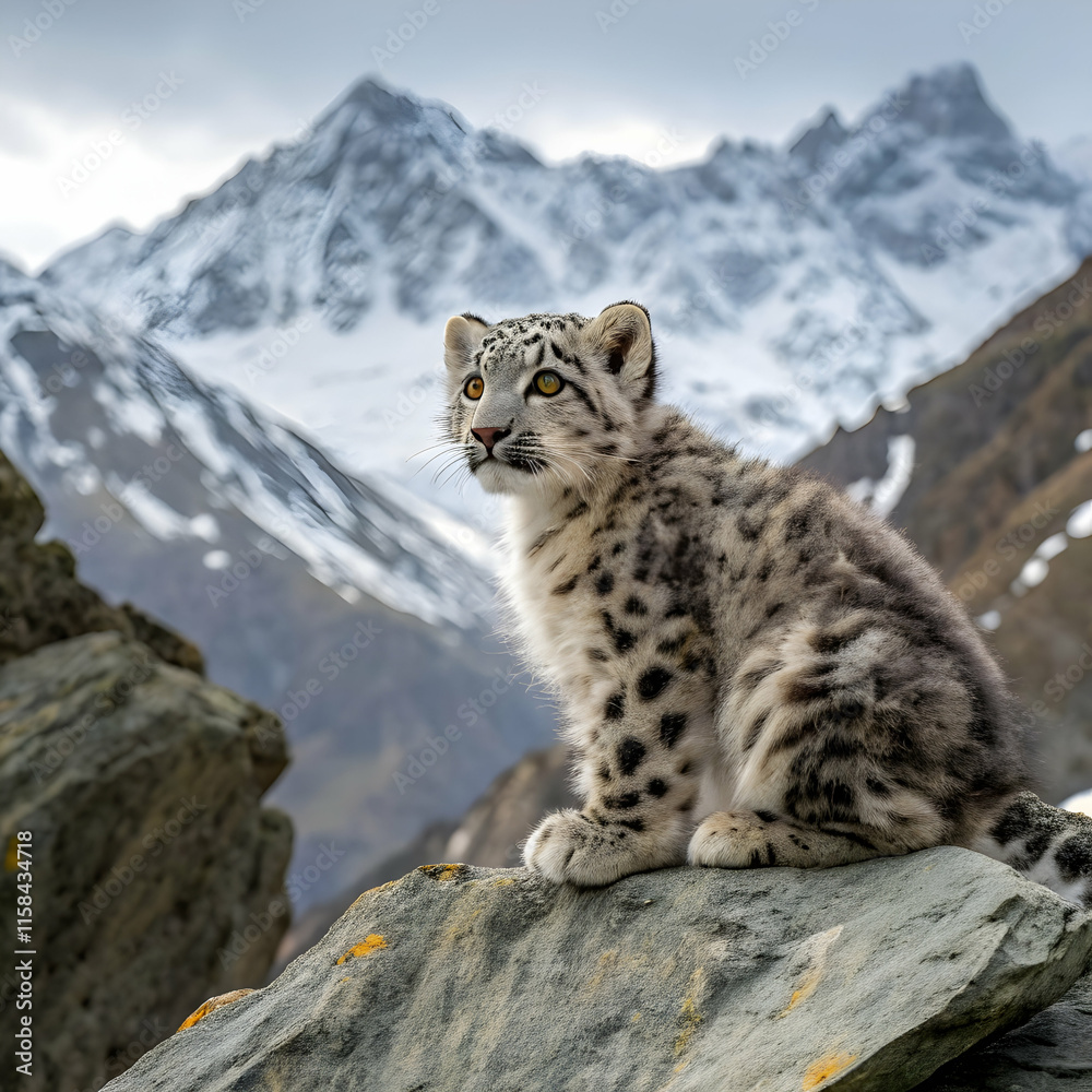 snow leopard cub sitting on a rock in mountains snow leopard cub sitting on a rock in mountains