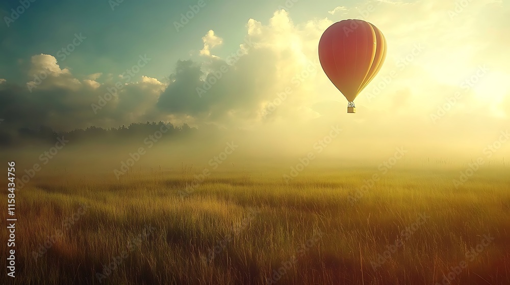 Obraz premium Hot air balloon floating through soft morning light over an expansive field