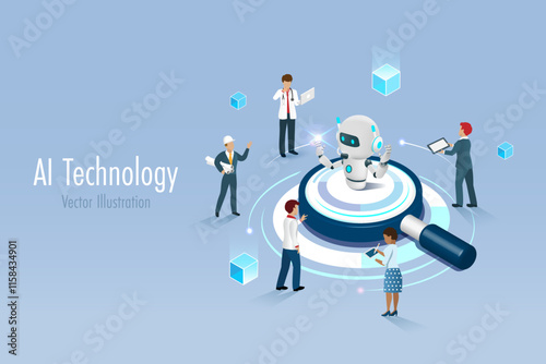 Diverse people using AI robot on magnifying glass as powerful search engine for smart data analyzing. Artificial intelligence innovation technology to define smart solution. 3D vector.