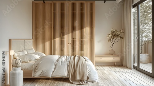 The solid oak cabinet is tall and has slatted doors. It stands in the center of an empty bedroom with light wooden walls. interior design style reflects use of natural materials like wood and fabric.