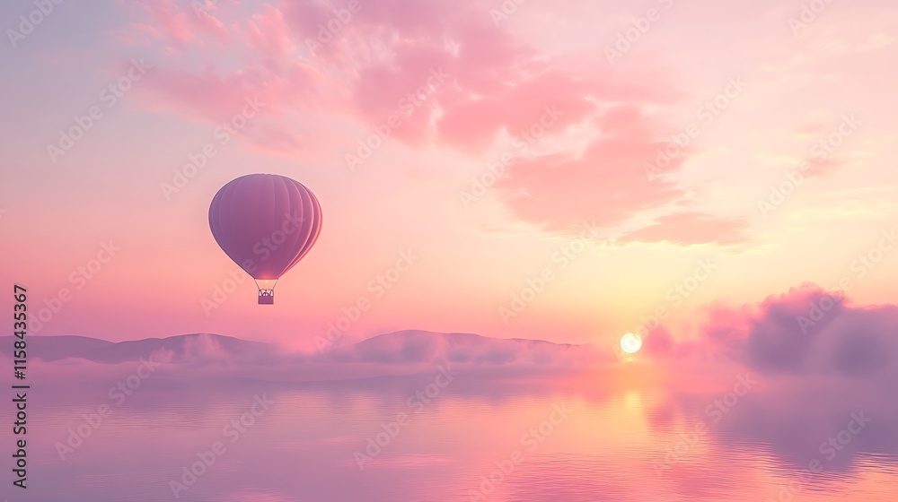 Obraz premium Hot air balloon suspended in the soft, pinkish glow of the early morning dawn