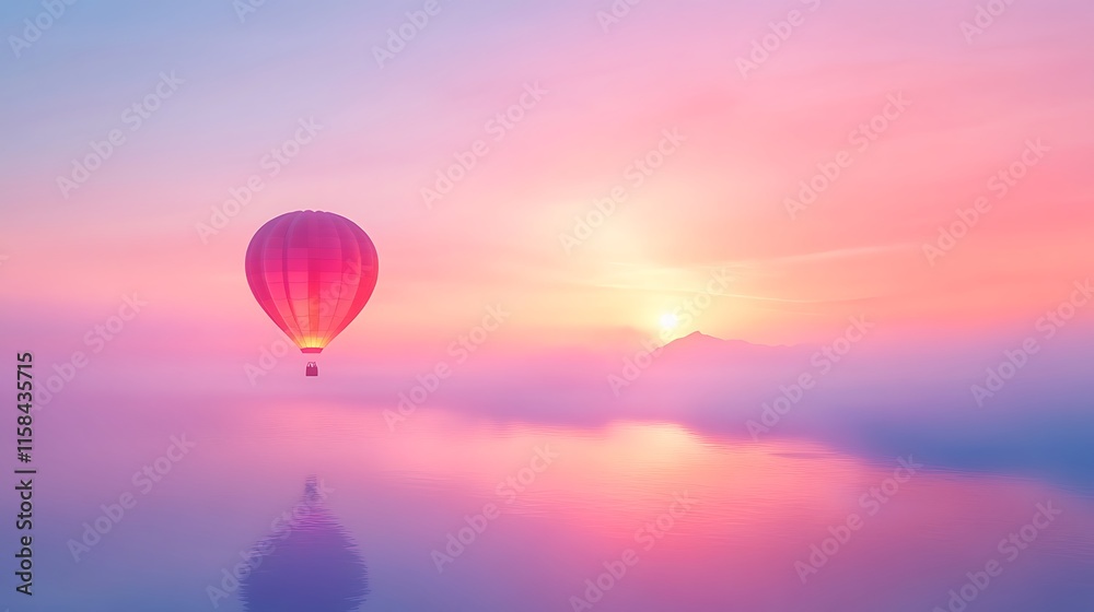 Fototapeta premium Soft morning light wrapping around a vibrant hot air balloon floating across a quiet landscape